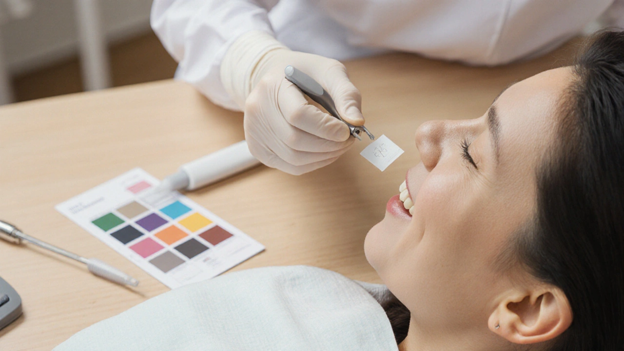 Stomatolog připevňuje keramickou fazetu na zub v moderní zubní klinice.