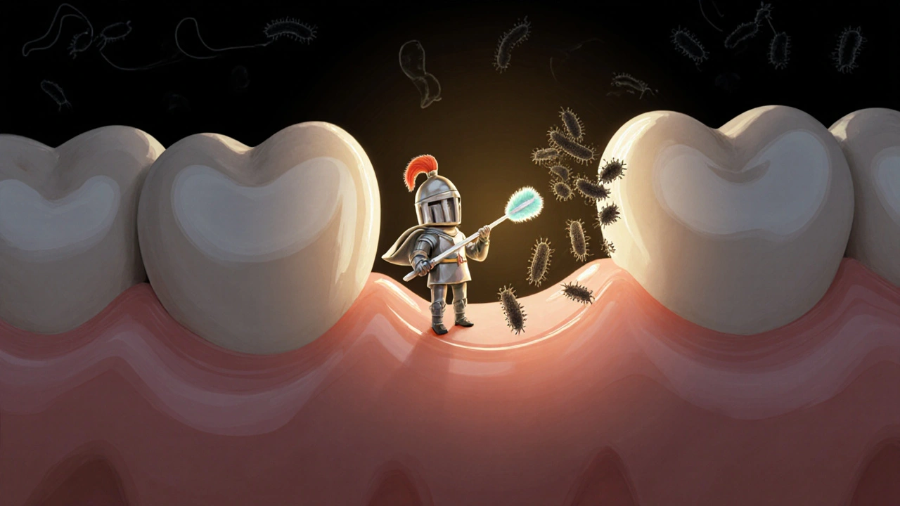 Symbolická scéna zdravého zubu bojujícího proti kazu.