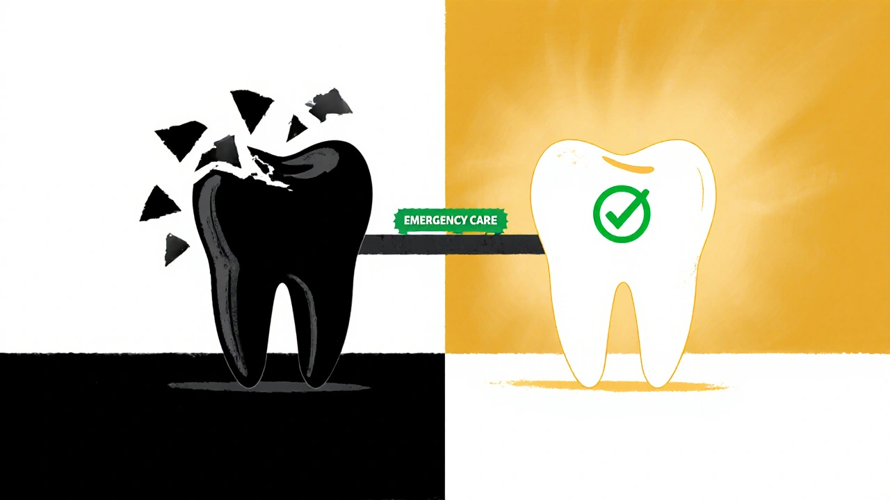 Symbolický obraz rozdělené cesty: zanedbaný zub vs. léčený zub s pojištěním.