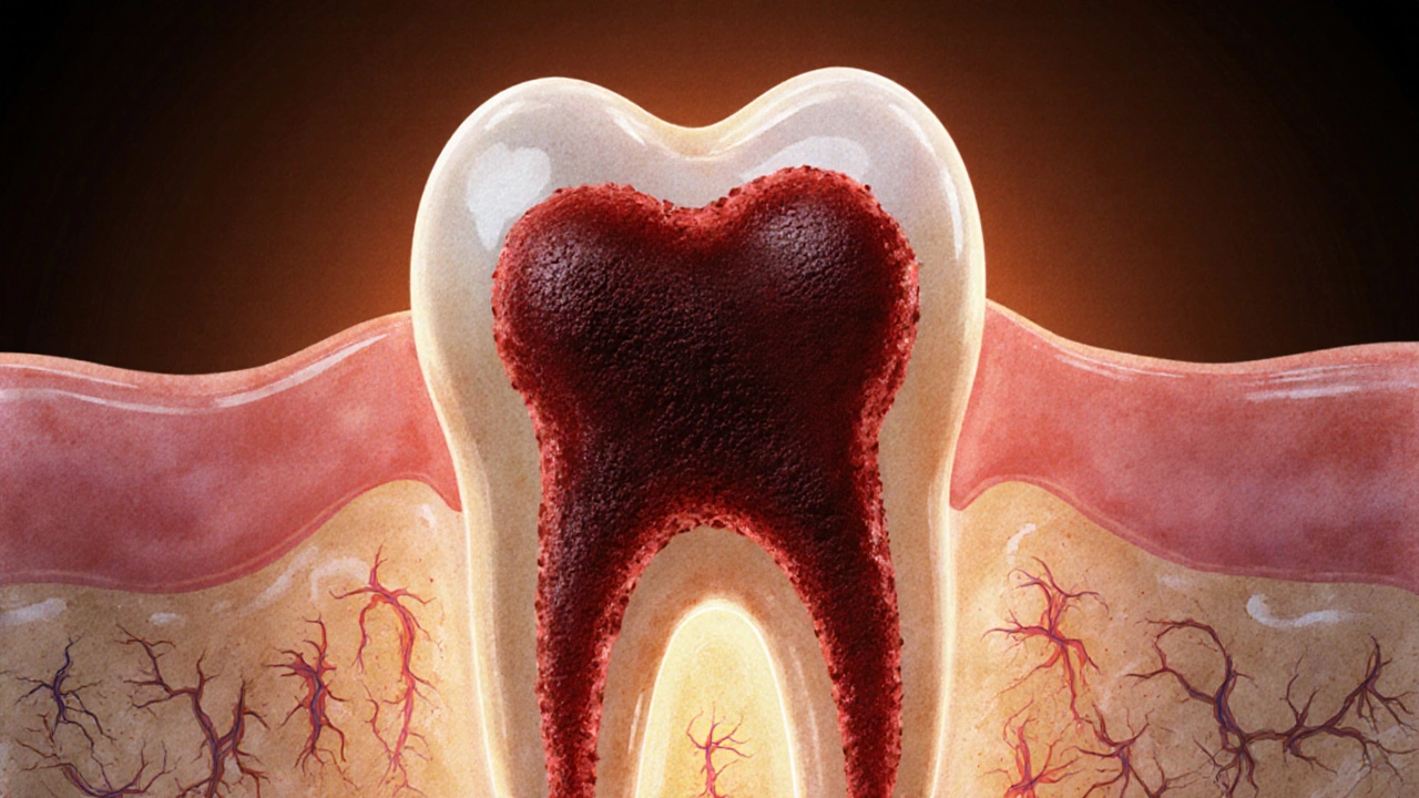 Tmavá krevní sraženina v jamce po zubu, symbolizující hojení a ochranu.