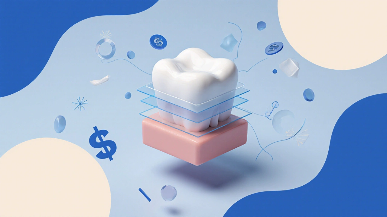 Transparent cross-section of a tooth with composite veneer bonding precisely applied.