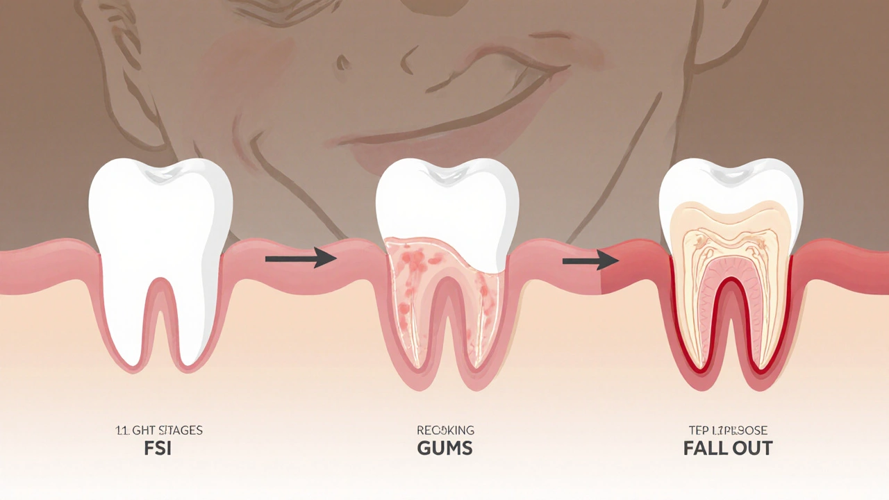 Tři fáze paradentózy: zánět, ztráta kosti a ztráta zubu v grafické podobě.