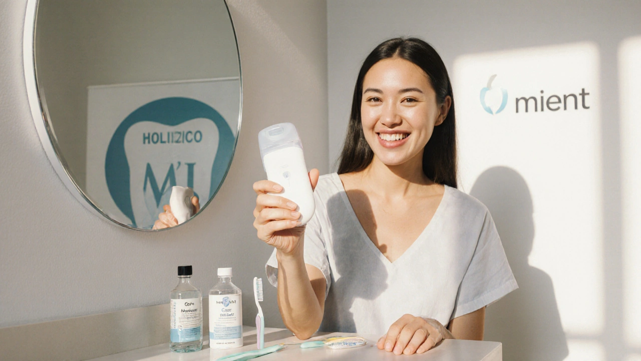 Zdravá osoba s Midentem, kartáčkem a nití na koupelně, symbolizující kompletní péči o zuby.