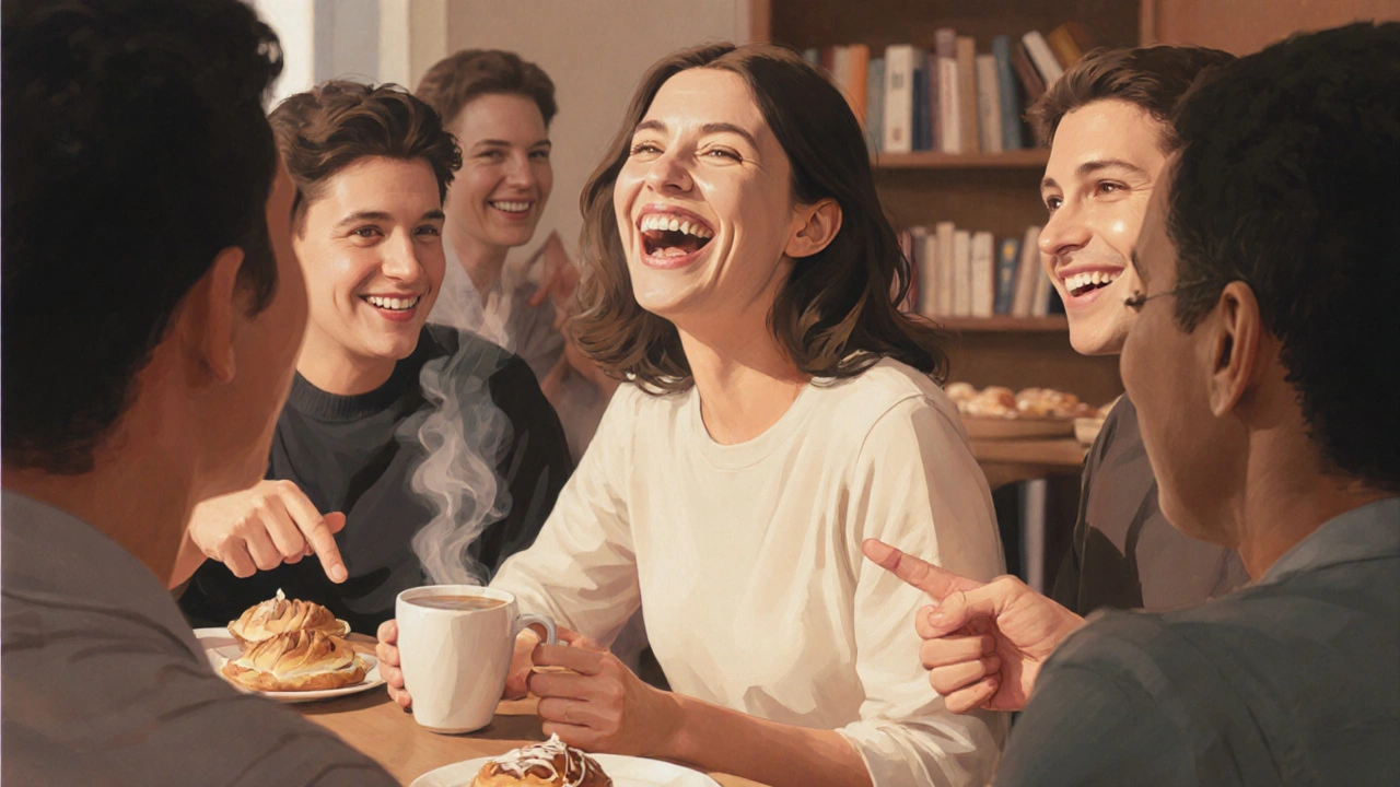 Žena se směje s přáteli v kavárně, má přirozeně vypadající nalepovací zuby.