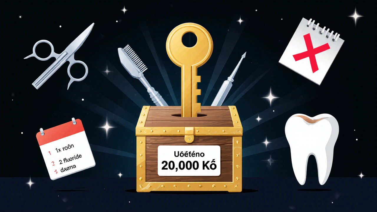 Zlatý klíč otevírá pokladnici s úsporami z prevence zubních problémů.