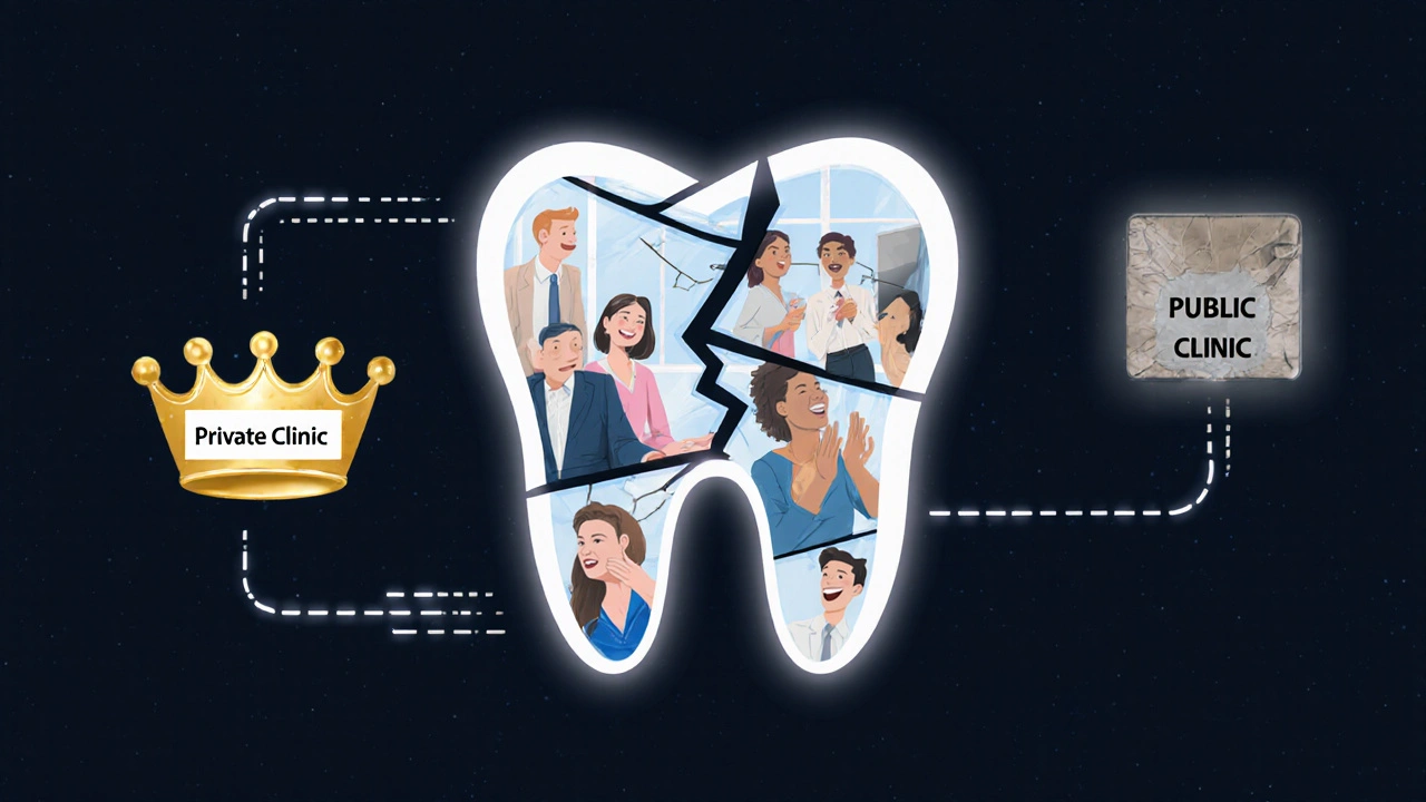 Zlomený zub jako zrcadlo, které odráží životní situace, s cestami k různým léčebným možnostem.