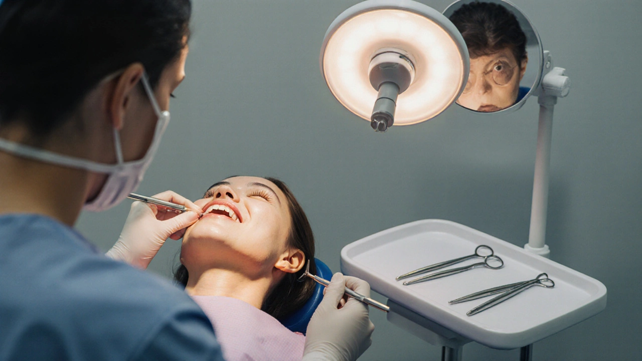 Zubař provádí kyretáž zubů s použitím speciálních nástrojů v klinice.