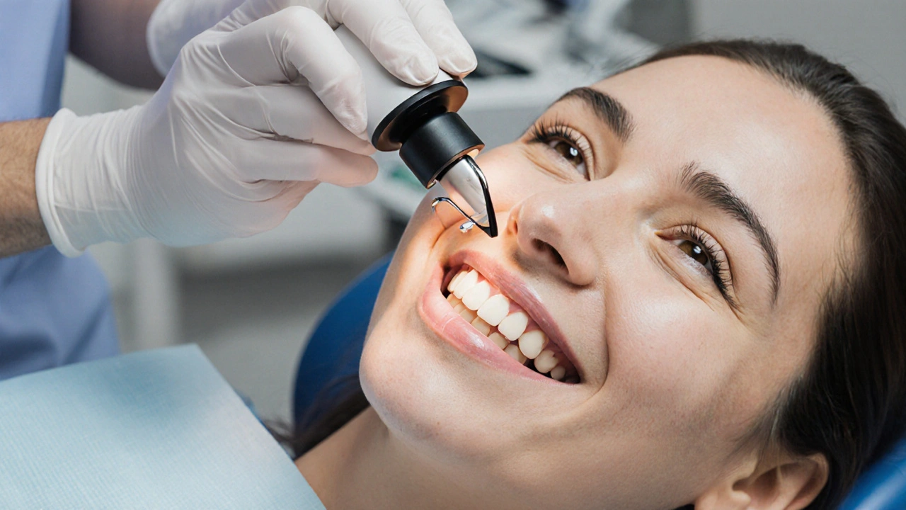 Zubní lékař prozkoumává mikrotrhlinu na keramické fazetě pod zvětšením.