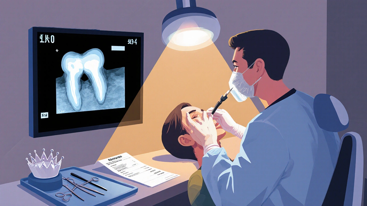 Zubní lékař vyšetřuje pacienta s rentgenem a dočasnou korunkou v pohotovostní ordinaci.