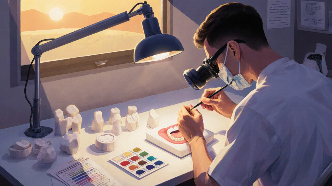 Zubní technik detailně maluje keramickou fazetu pod lupou v laboratoři.