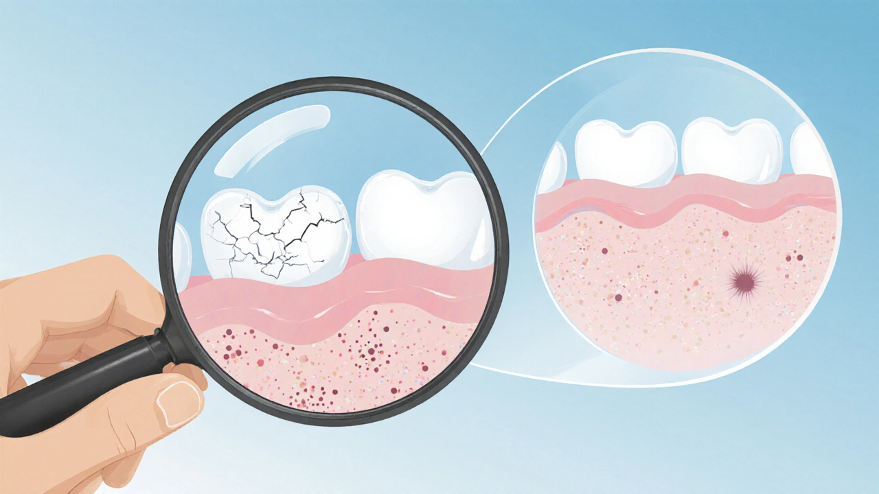 Zvětšený pohled na detaily zubů a dásní přes dentální zrcátko.