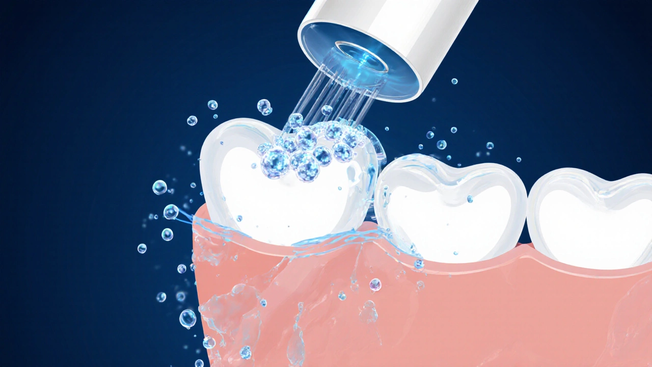 Zvětšený pohled na kavitační efekt ultrazvukového čističe u zubu a dásně.