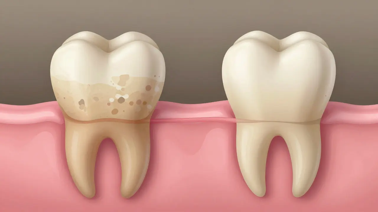 Before and after view of tooth root: infected surface transforming into smooth, healthy root with reattached gum.