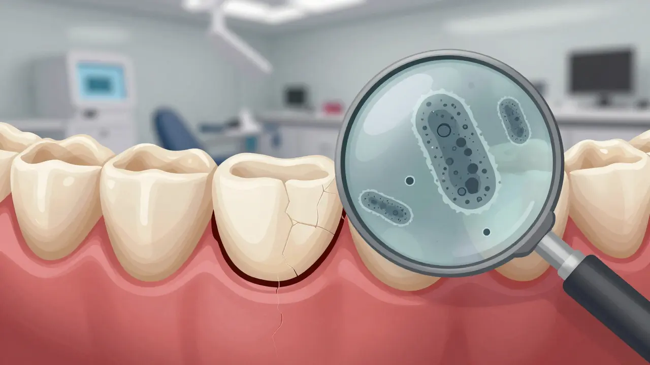 Cracked veneer with dark gumline stain revealing hidden infection beneath.