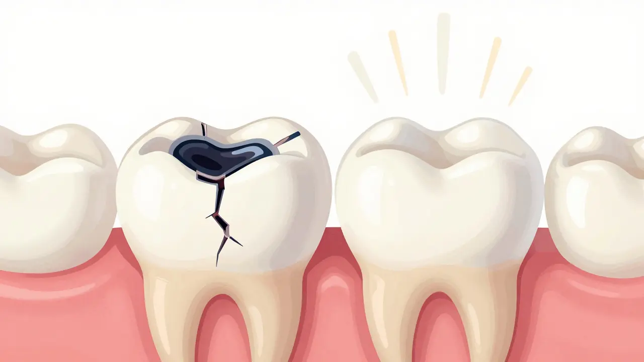 Cross-section of a tooth comparing old amalgam filling with modern white composite.