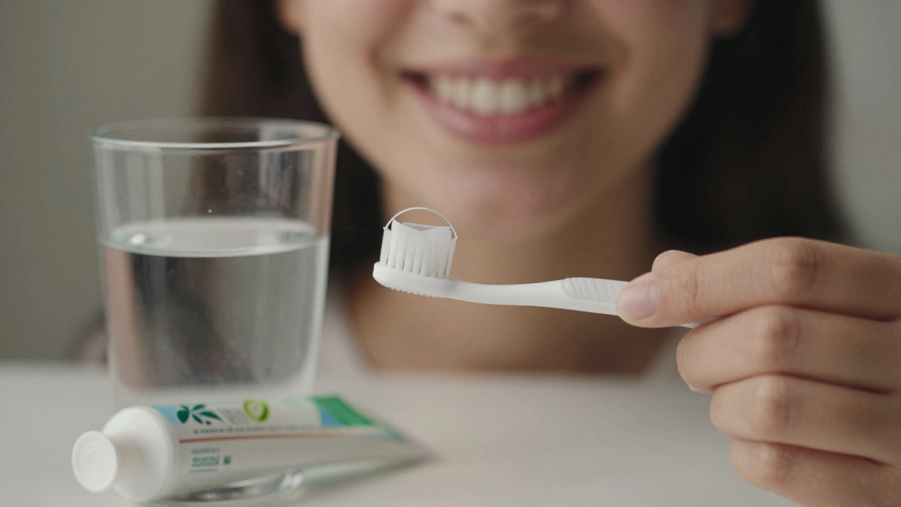 Dentální potřeby na stole – nit, mezizubní kartáček, pasta s aloe verou – vedle sklenice vody, teplé osvětlení.