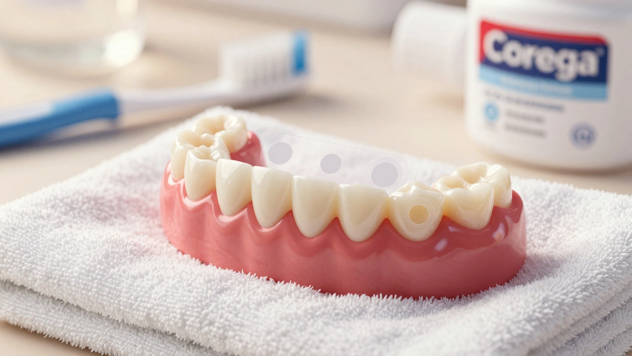 Detail zubní protézy s malými kapičkami Corega na vnitřní straně.