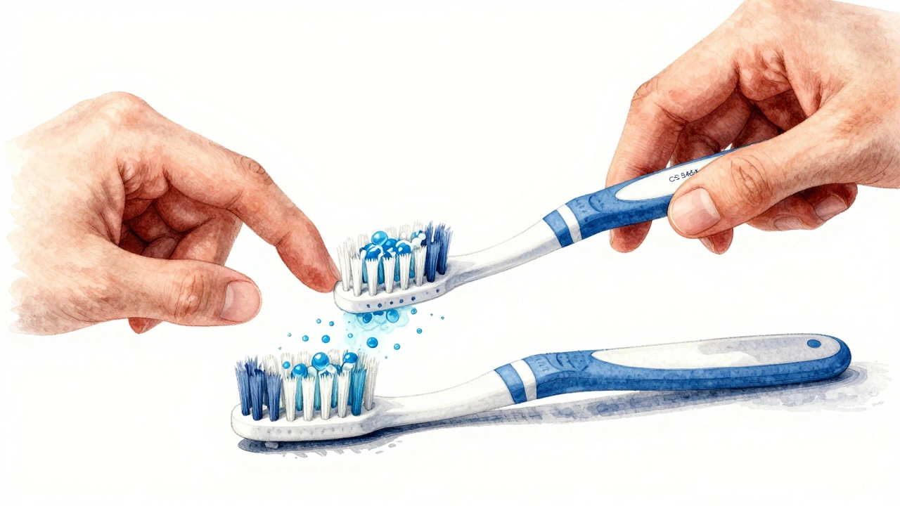 Jemný kartáček Curaprox čistí zadní zuby, zatímco starý kartáček je poškozený.