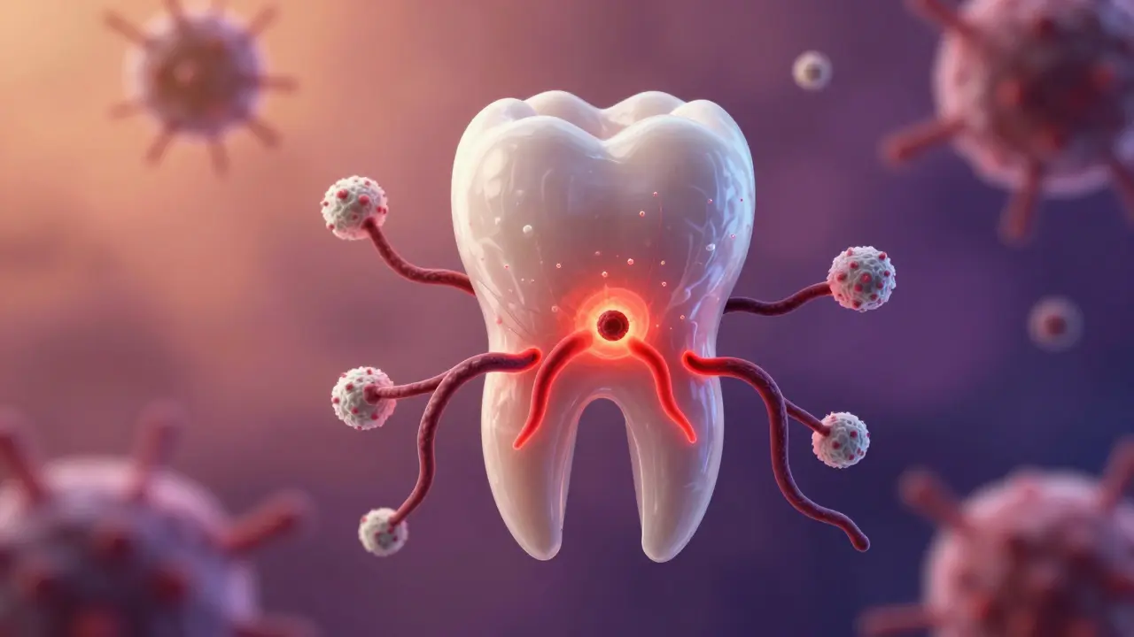 Koncepční obrázek infekce šířící se po kosti pod zubem s výraznými červenými cestami zánětu.