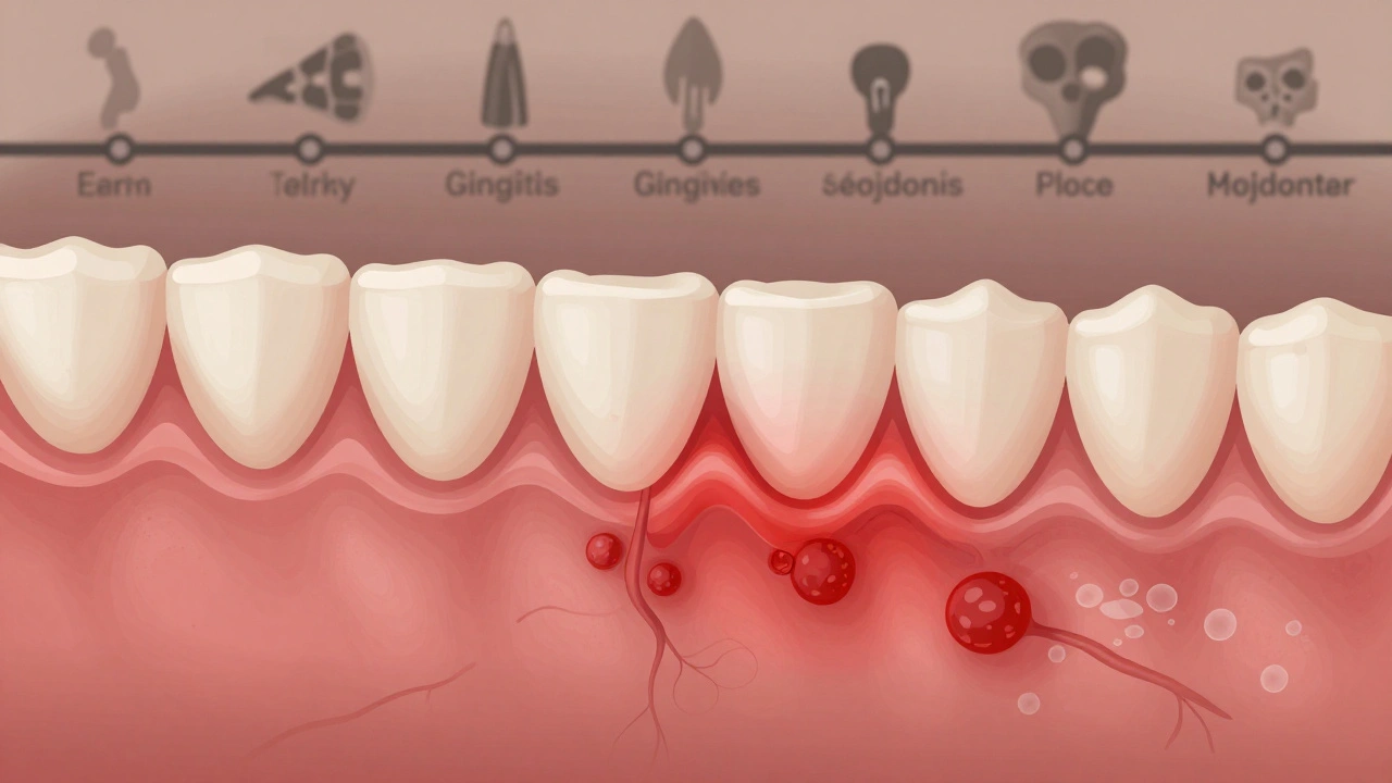 Křížový řez dásní ukazuje zdravou tkáň a zánětlivé oblasti s plakem a bakteriemi, výrazné červené odstíny.