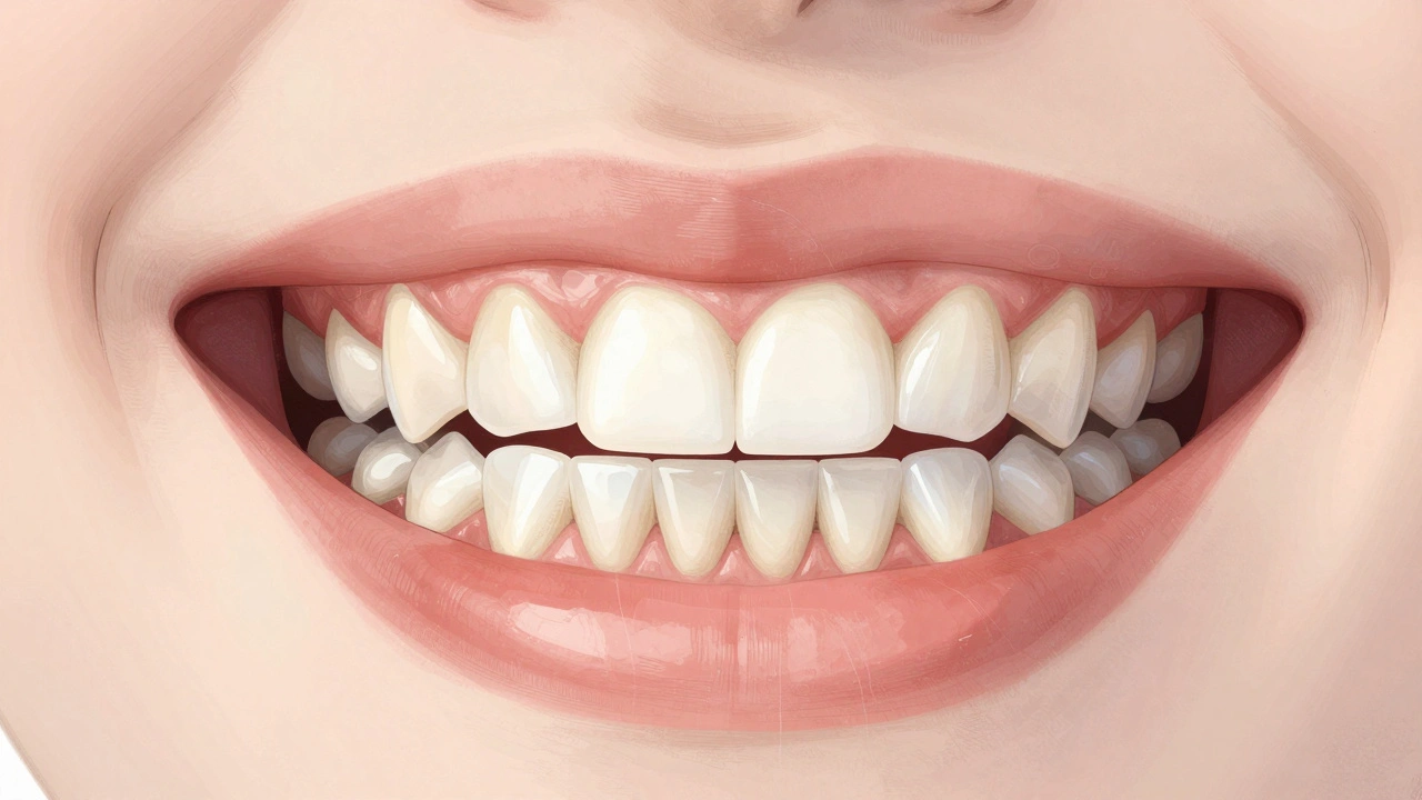 Křížový řez úst s keramickými zuby a efekty tepla a studu.