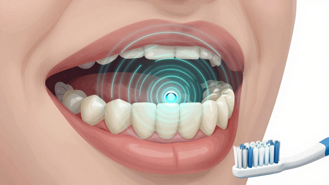 Křížový řez ústní dutiny s ultrazvukovými vlnami ničícími bakterie pod dásněmi.