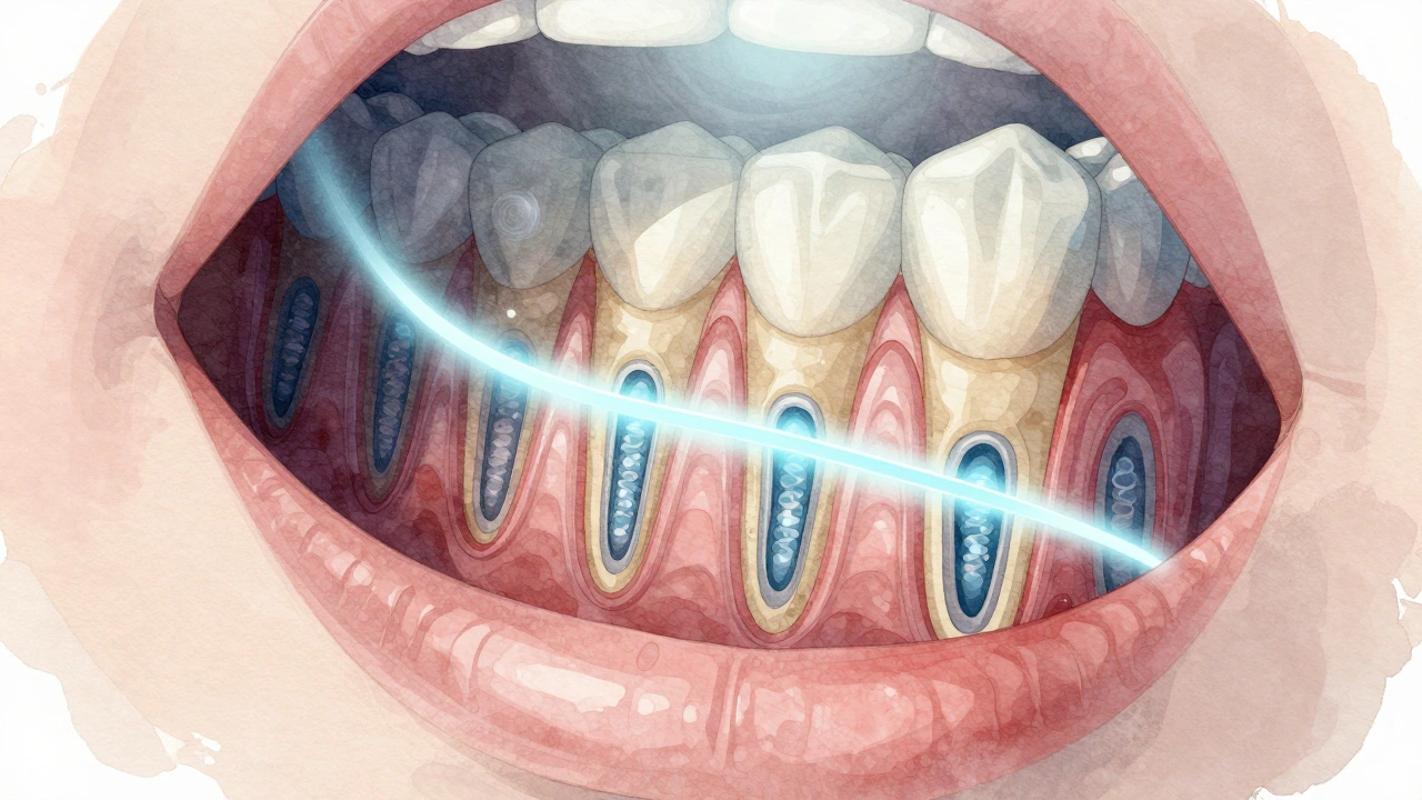 Křížový řez zubu ukazující otevřené mikroskopické kanálky po bělení.