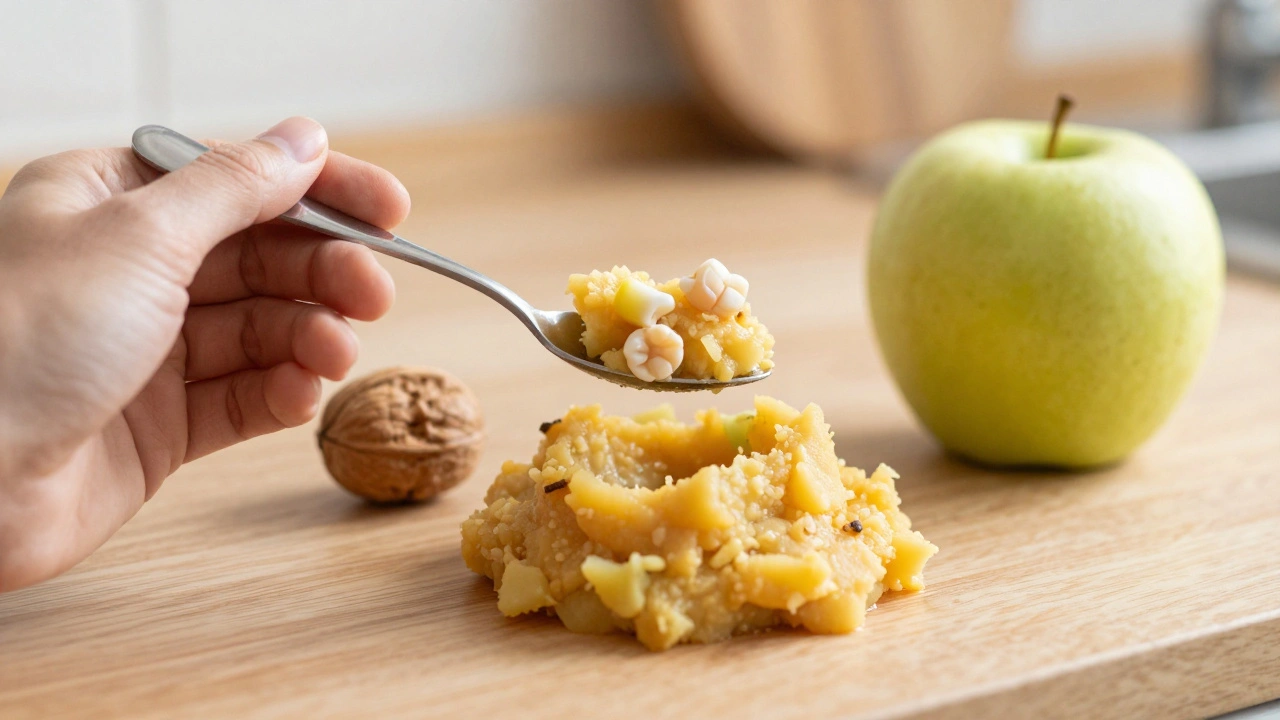 Lžíce s měkkou potravou vedle tvrdých ořechů a jablka.