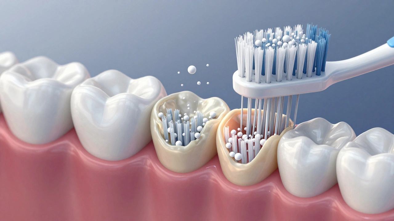 Magnified view of Curaprox bristles removing plaque from gums with filter beads capturing bacteria.