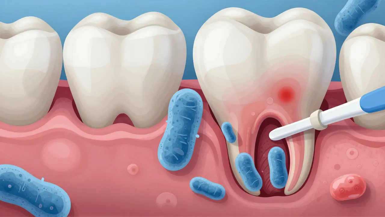 Mikroskopický pohled na bakterie v parodontální kapsě s jemným mezi zubním kartáčkem.