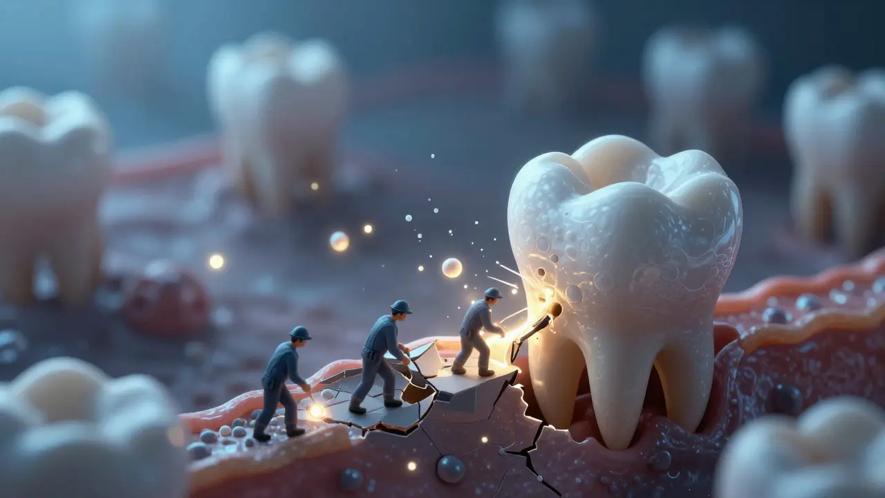 Mikroskopický pohled na minerály, které opravují praskliny v zubní sklovince.