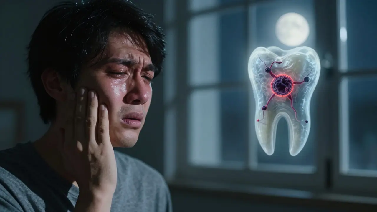 Muž drží tvář v bolesti, viditelný otok a skrytá infekce za ním.