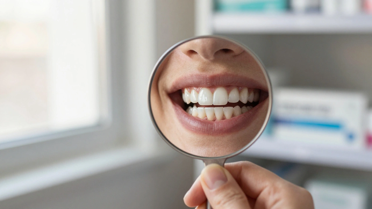 Nerovnoměrně bělené zuby: světlé horní a tmavé dolní s plombami.