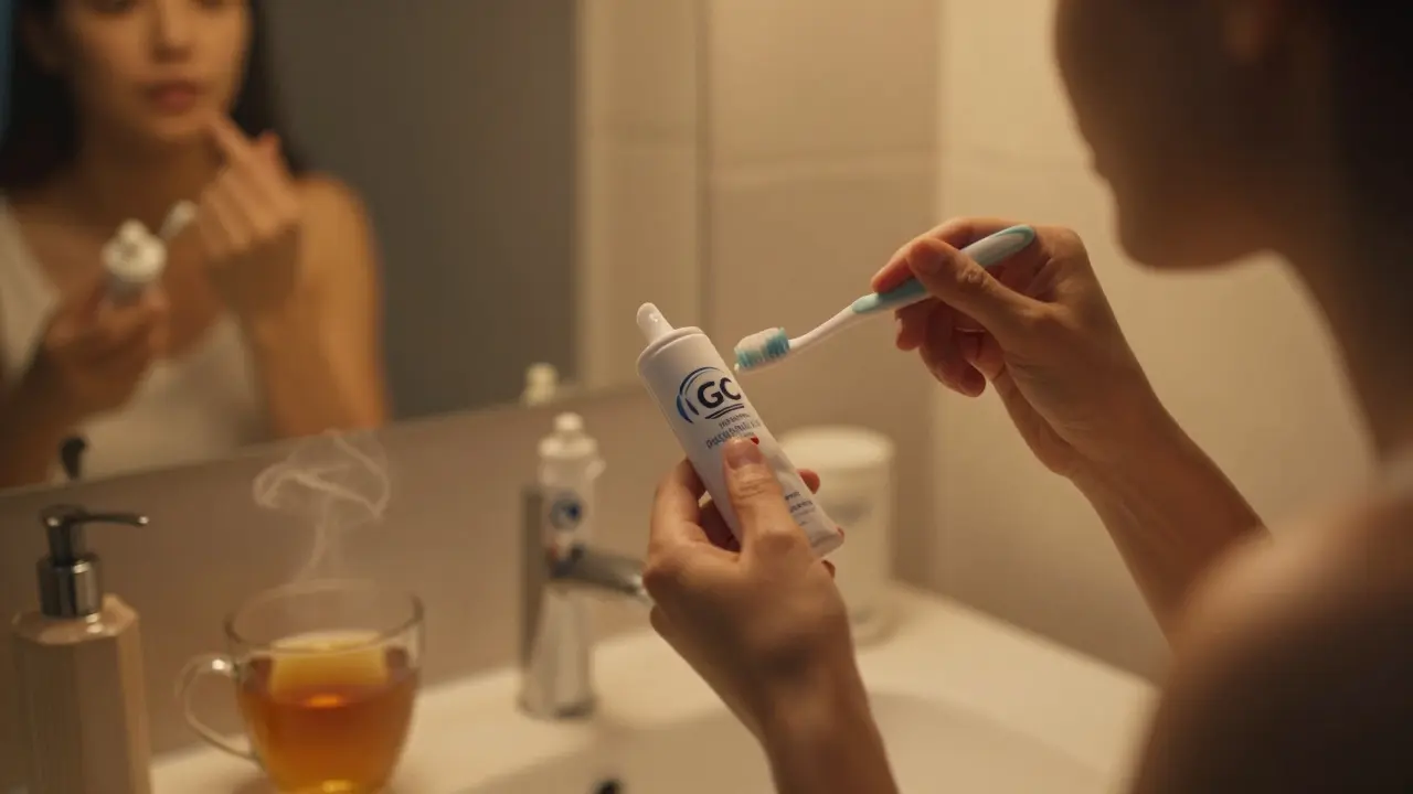 Osoba aplikuje GC Tooth Mousse před spaním v klidné koupelně při měkkém osvětlení.