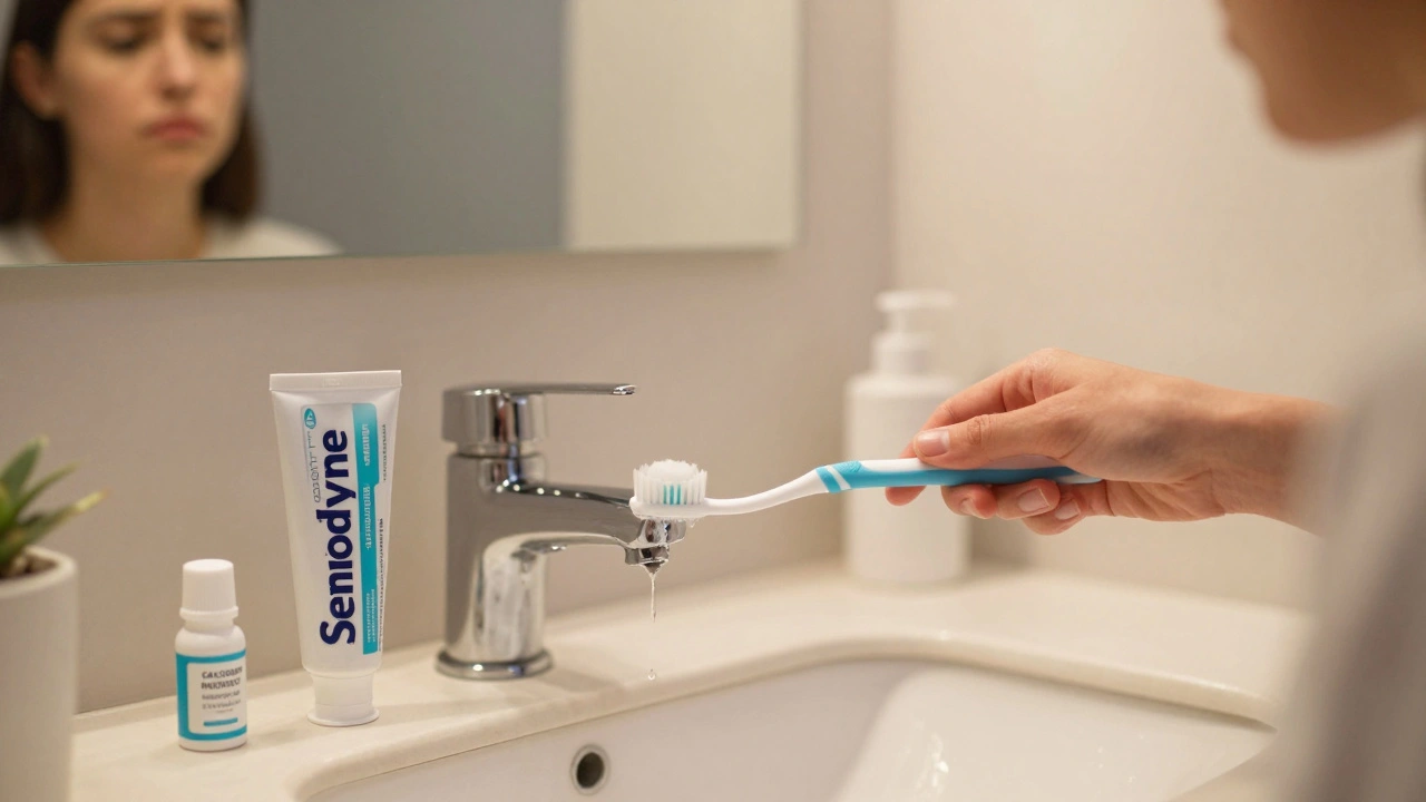 Osoba opatrně čistí zuby, vedle ní zubní pasta a gel pro citlivé zuby.