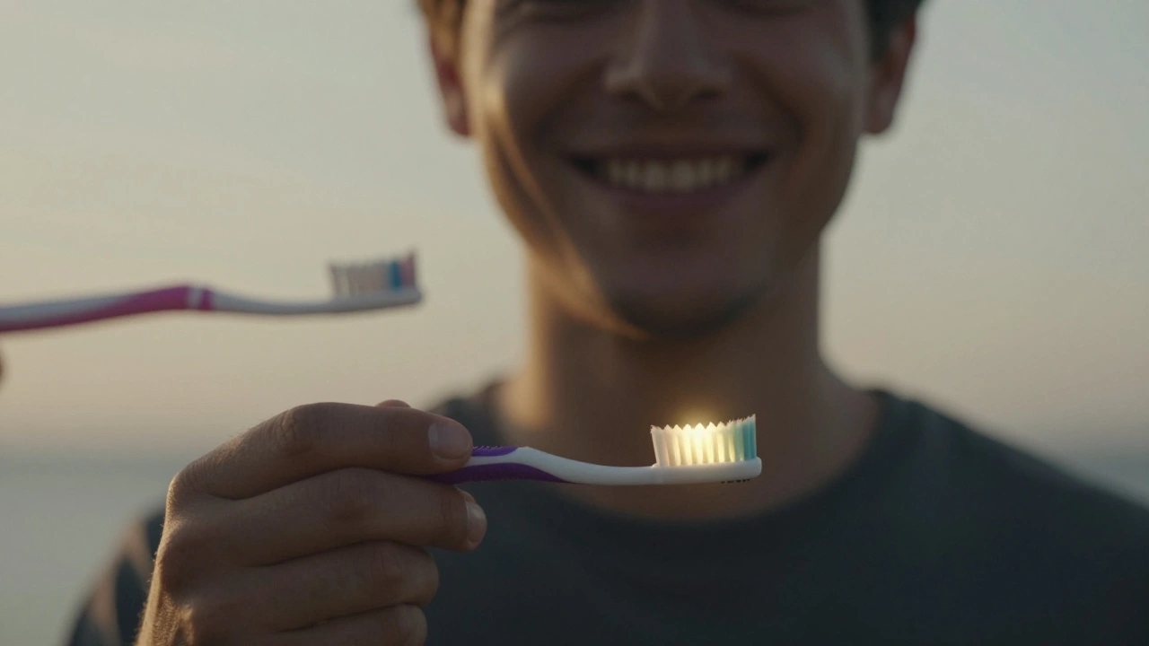 Osoba se zdravým úsměvem drží kartáček Curaprox jako symbol zubní péče.