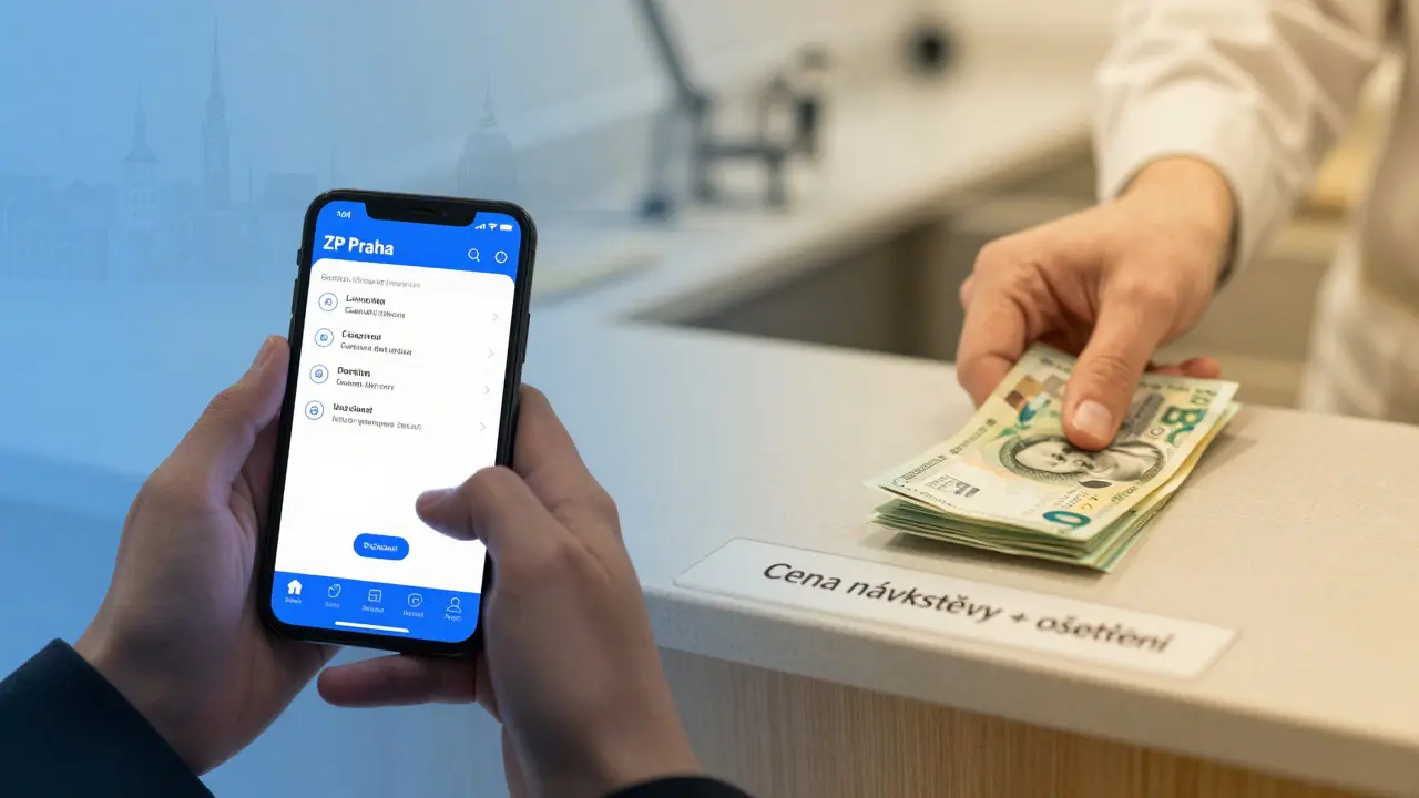 Pacient sleduje mobilní aplikaci s dostupnými zubními pohotovostmi, vedle něj leží peníze na platbu.
