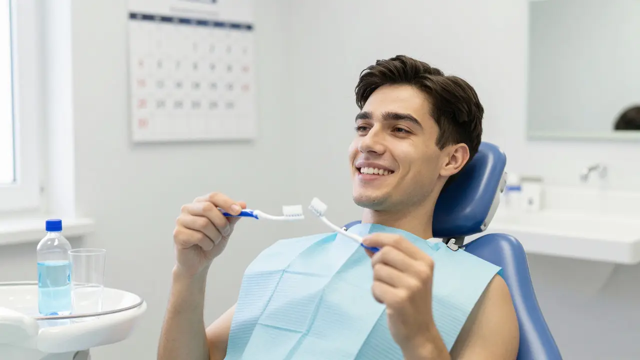 Patient smiling after treatment, holding oral hygiene tools with follow-up appointments visible on wall.