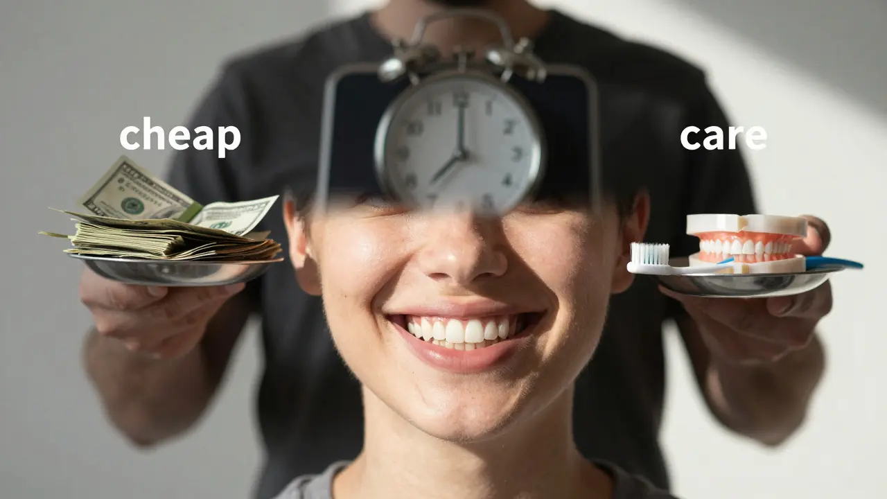 Person smiling naturally with beautiful veneers, shadow showing cost vs care balance.