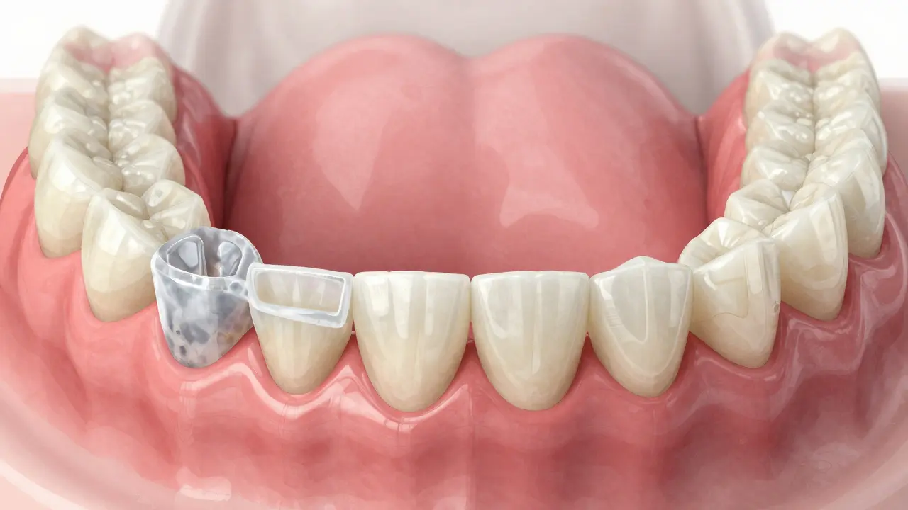 Porovnání dočasného a trvalého zubního mostu na modelu zubního oblouku.