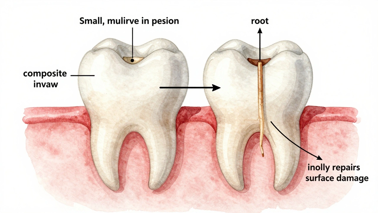 Porovnání kompozitního inlay a kořenové nástavby v rámci zubu.