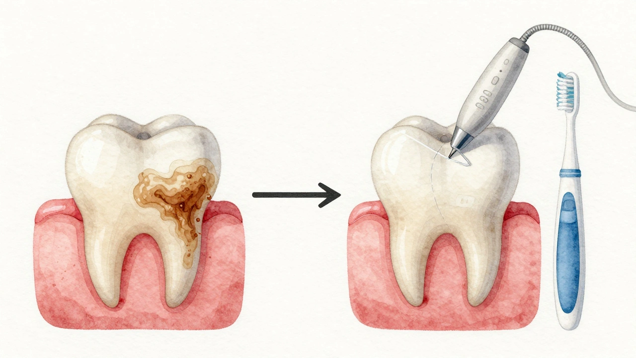 Porovnání vzniku zubního kamene a jeho profesionálního odstranění