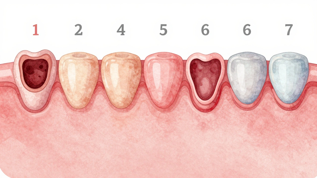 Postupné zahojení dásně od otevřené rány k uzavřené tkáni během týdne.