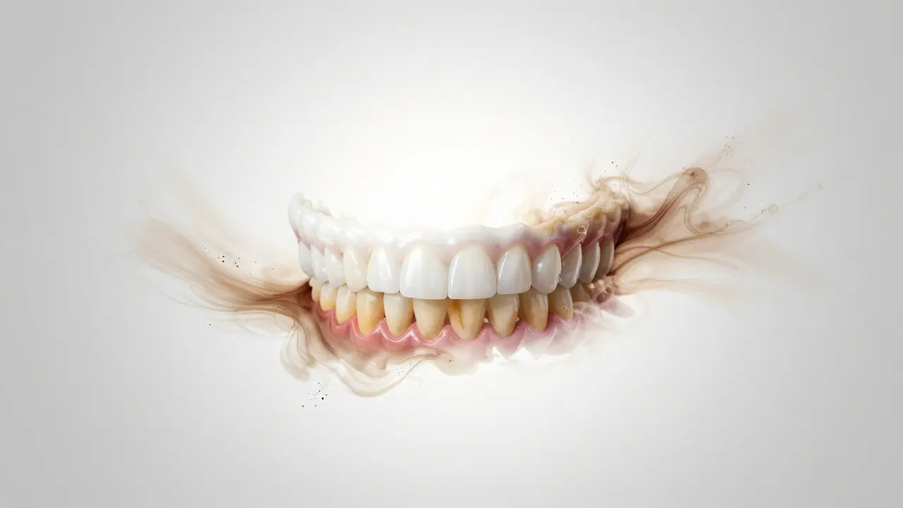 Přechod tmavých zubů k bělým, symbolizující účinek profesionálního bělení.