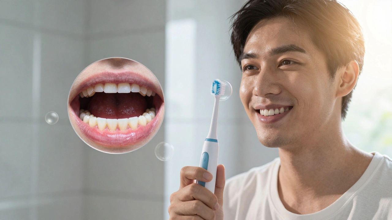 Před a po: ultrazvukové čištění převrací zdraví úst z inflamace na čistotu.