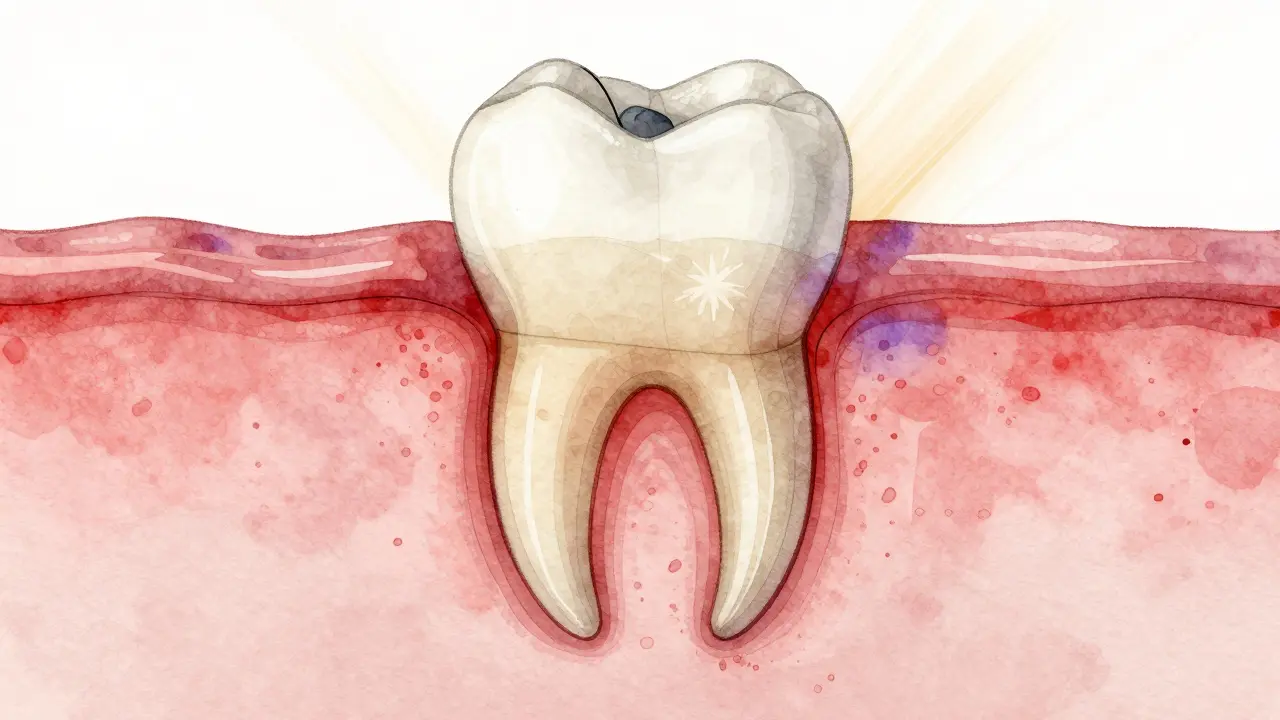 Průřez zubu po kořenovém léčení s hojící se tkání kolem kořene.