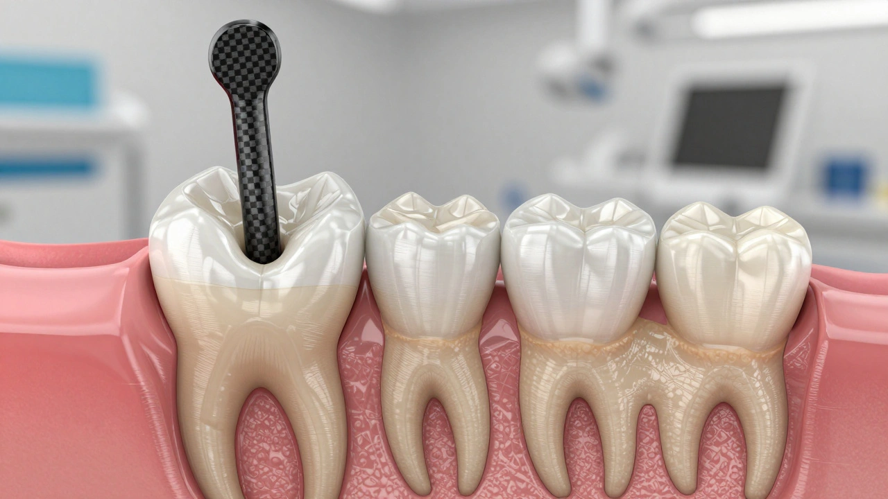Průřez zubu s karbonovým nástavbou a kompozitním základem pro korunku.