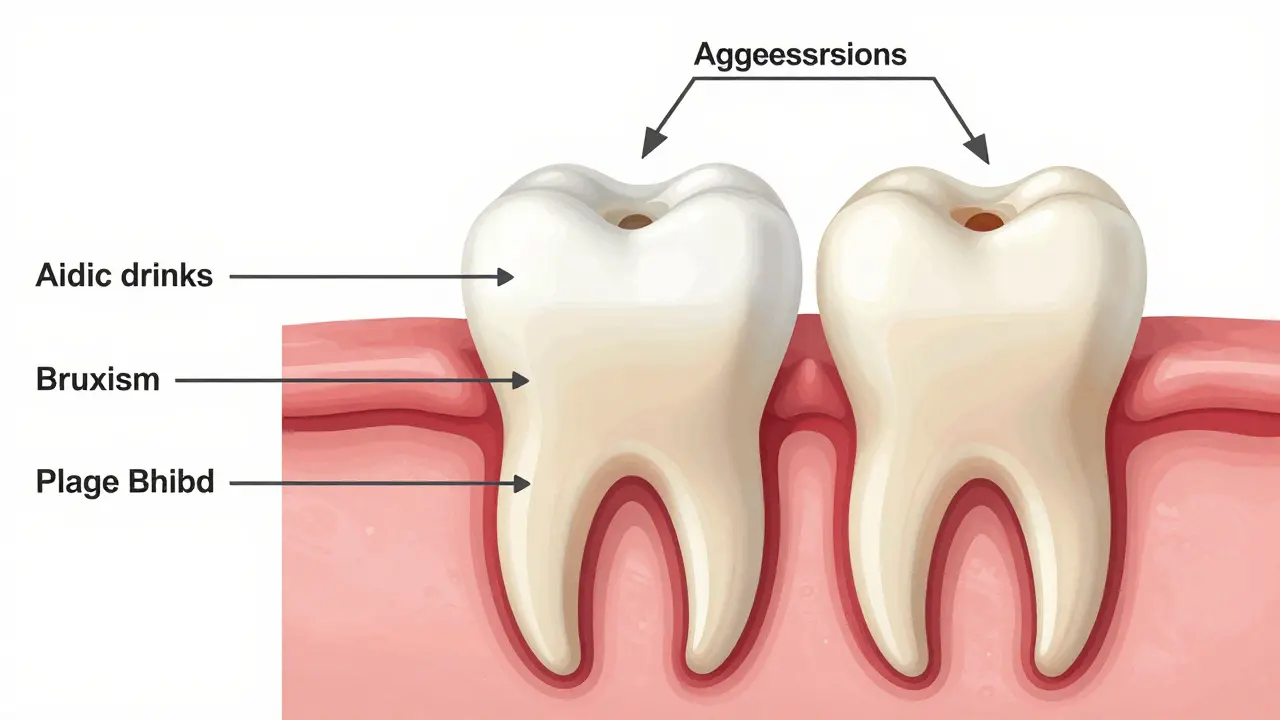Průřez zubu s odhalenými dentinovými trubkami a příčinami citlivosti.