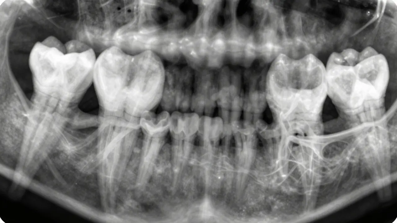 Rentgenový snímek předních zubů s tmavou oblastí kolem kořene označující zánět okostice.