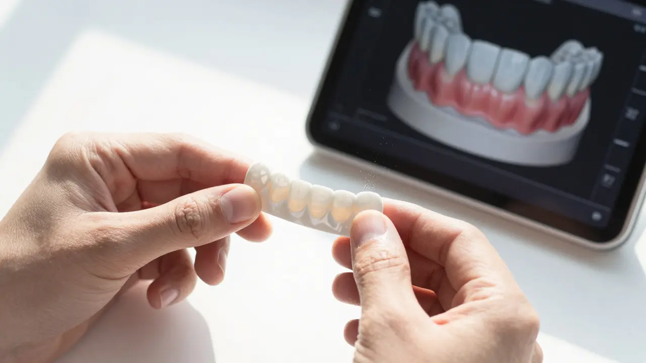 Ruce drží keramickou zubní vložku, na níž se odráží úsměv, za pozadím digitální sken.